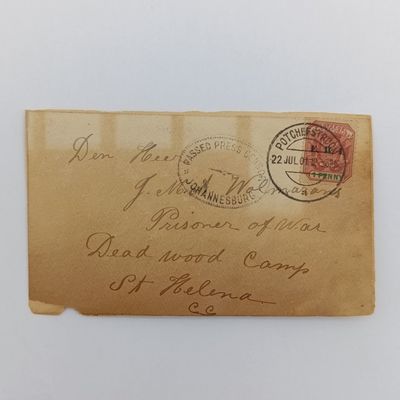 Boer War POW fronts stuck back to back one side from Pretoria 31 Oct 1900 to Thomas Moode, James Town, St Helena - with double rim censor mark other side to JMA Wolmarans POW Deadwood Camp, St Helena