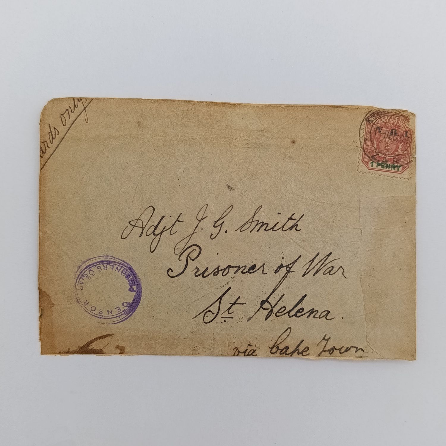 Boer War POW fronts stuck back to back One side from ZAR 1 Dec 1900 to Adjt JG Smith - POW St. Helena - with Censor rubber stamp other side from Germiston to AR Smit