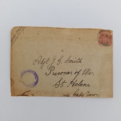 Boer War POW fronts stuck back to back One side from ZAR 1 Dec 1900 to Adjt JG Smith - POW St. Helena - with Censor rubber stamp other side from Germiston to AR Smit