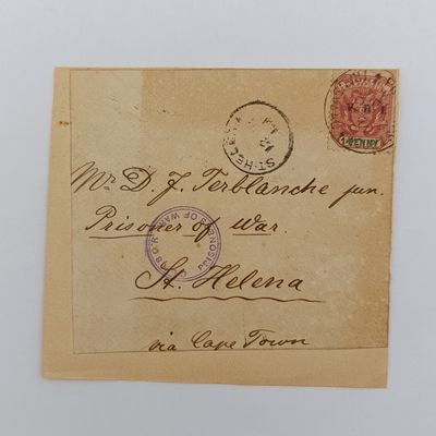 Boer War POW fronts stuck back to back one side from Potchefstroom, ZAR 1901 with St Helena arrival mark to P Zinn, POW, St. Helena other side from Potchefstroom, ZAR 13 Feb 1901 received St Helena 12