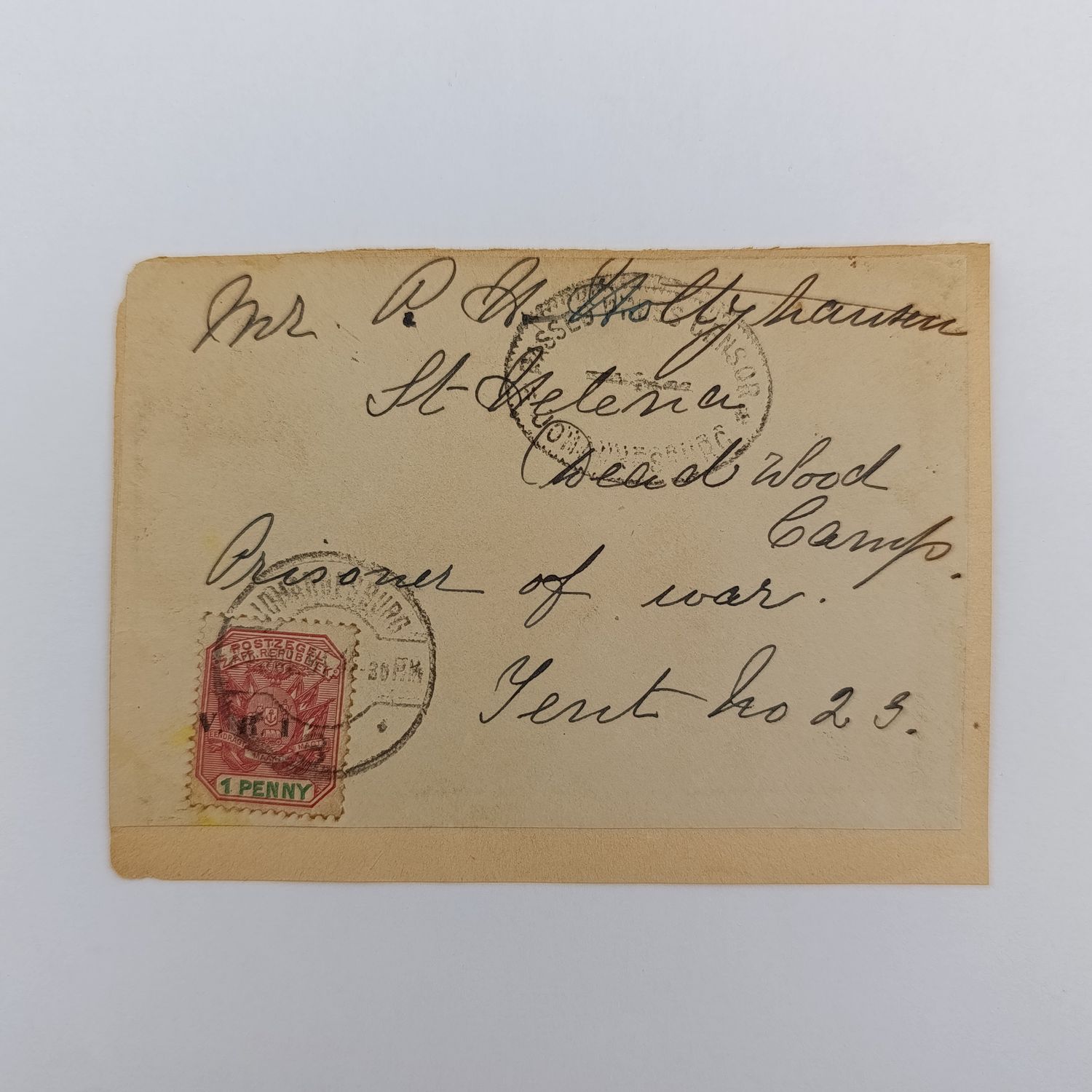 Boer War POW fronts stuck back to back one side posted Krugersdorp, ZAR on 6 Dec 1901 with oval censor mark of Johannesburg posted to CAB Meyer, Deadwood Camp Tent no 157, St Helena other side posted