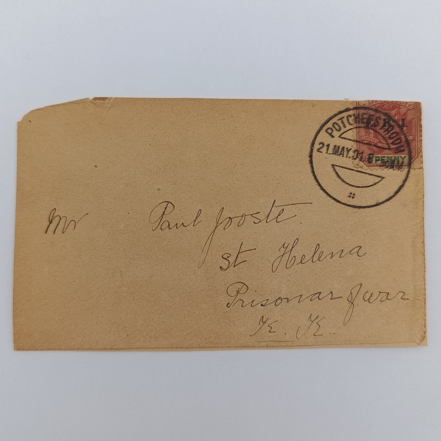 Boer War POW fronts stuck back to back one side from Potchefstroom 21 May 1901 to Paul Jooste St Helena, POW other side from Potchefstroom Nov 1901 with passed press censor Johannesburg rubber stamp
