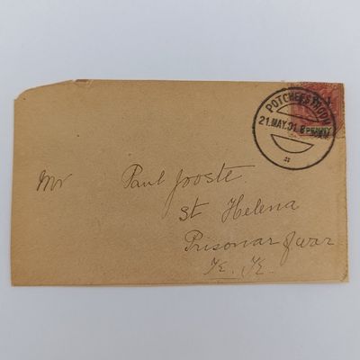 Boer War POW fronts stuck back to back one side from Potchefstroom 21 May 1901 to Paul Jooste St Helena, POW other side from Potchefstroom Nov 1901 with passed press censor Johannesburg rubber stamp