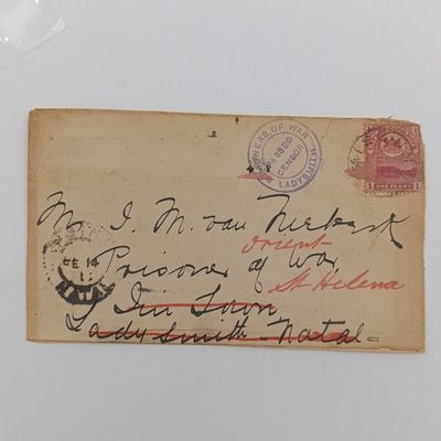 Boer War POW fronts stuck back to back one side from Paarl, COGH 9 May 1902 - rubberstamp to Danie du Toit, POW, Deadwood campno 3, Tent no 7 St Helena other side from Natal with POW passed by Censor