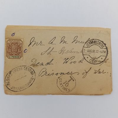Boer War fronts - POW - stuck back to back one side to AM Muller, Dead Wood Camp, St Helena with oval Johannesburg censor mark - posted Johannesburg censor mark - Posted Johannesburg 7 Aug 1901