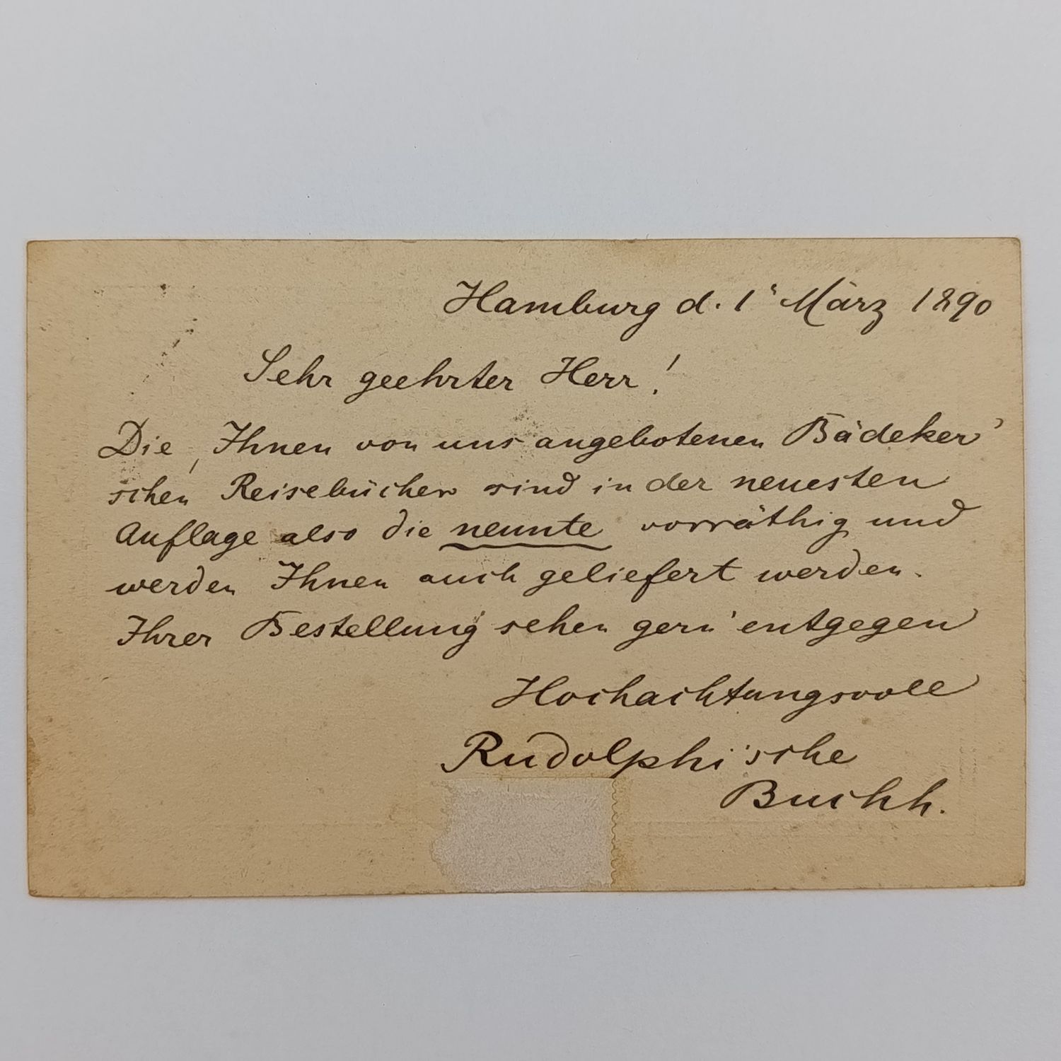 1890 Postcard with prepaid postage posted from Hamburg on 1/3/1890 and received in Alkmaar, Netherlands the next day - Posted to F. Delachaux, Leraar aan de Rjiks HB School - comments on availibility