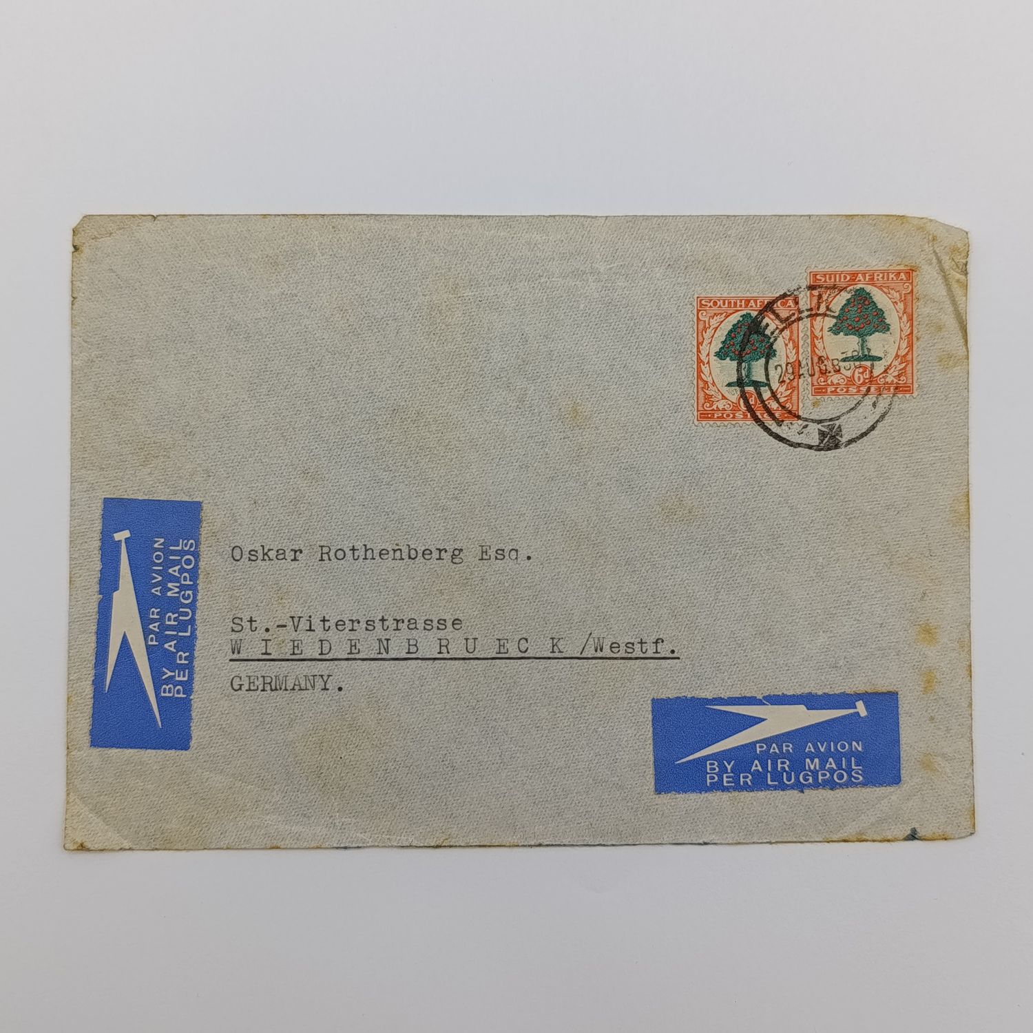 Airmail letter from Elliot,  South Africa to Wiedenbrueck Germany with 2 x 6P Orange Tree  Africa stamps cancelled 29 Aug 1939