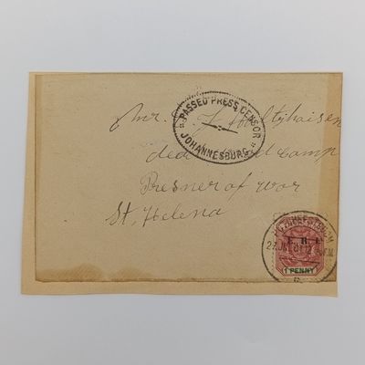 Boer War POW fronts stuck back to back one side posted Johannesburg, ZAR 1 Sep 1901, ERI overprinted stamps on mourning cover Johannesburg - Adressed to CS Heyneke, POW, Deadwood Camp, St Helena