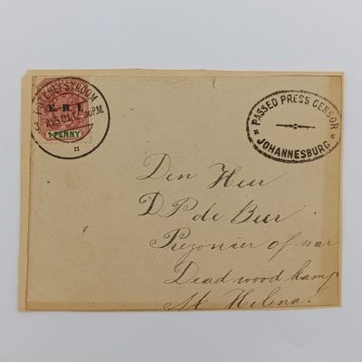 Boer War POW fronts stuck back to back one side posted Potchefstroom, ZAR 3 Aug 1901 with passed press censor Johannesburg oval cancel to DP de Beer, POW, Deadwood Camp, St Helena