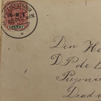 Boer War POW fronts stuck back to back one side posted Potchefstroom, ZAR 3 Aug 1901 with passed press censor Johannesburg oval cancel to DP de Beer, POW, Deadwood Camp, St Helena