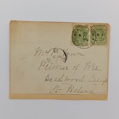 Boer War POW fronts stuck back to back one side posted Potchefstroom April 1901 to J Zinn POW Deadwood camp, St Helena received 8 May 1901 St Helena other side posted ZAR to HP van Aswegen, Deadwood