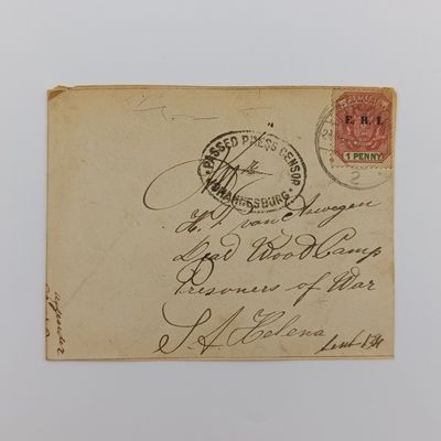 Boer War POW fronts stuck back to back one side posted Potchefstroom April 1901 to J Zinn POW Deadwood camp, St Helena received 8 May 1901 St Helena other side posted ZAR to HP van Aswegen, Deadwood