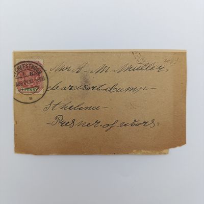 Boer War POW fronts stuck back to back one side from Potchefstroom, ZAR Aug 1901 to AM Muller Deadwood Camp, St Helena POW other side from Calvinia, CGH to Carel A v/d Merwe, Deadwood camp no 3, Tent