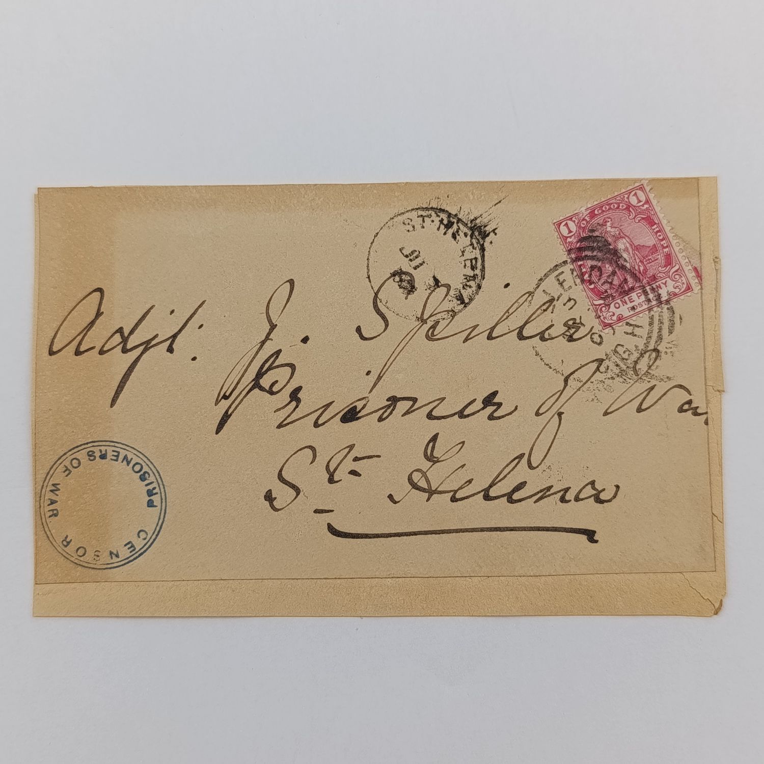 Boer War POW fronts stuck back to back one side from Swellendam, CGH 25 May 1900 to Adjt J Spiller POW, St Helena - Receiving cancel in June 1900 plus double rim censor mark other side from Molteno,