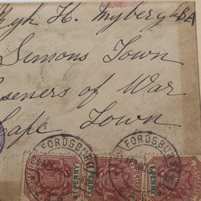 Boer War POW covers stuck back to back one side to Ryk H Myburgh BA Simonstown, POW with double rim censor mark - Posted Fordsburg, ZAR 21 Apr 1900 other side to Hermanus Byleveld Deadwood Camp