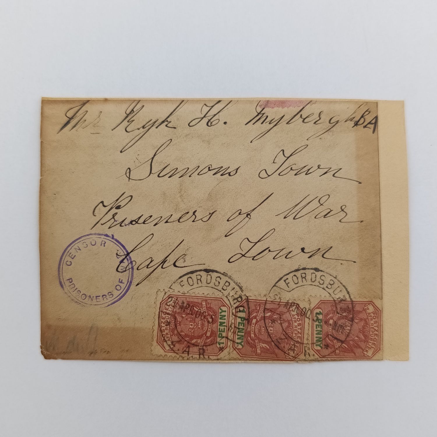 Boer War POW covers stuck back to back one side to Ryk H Myburgh BA Simonstown, POW with double rim censor mark - Posted Fordsburg, ZAR 21 Apr 1900 other side to Hermanus Byleveld Deadwood Camp