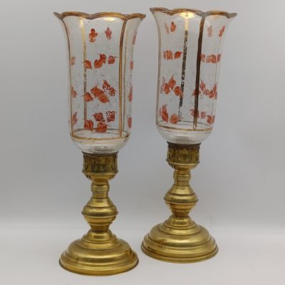 Pair of vintage brass candlesticks with hand painted glass shades