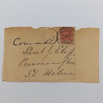 Boer War POW fronts stuck back to back one side posted Pretoria, ZAR 5 Feb 1901 to Comdt Sarel J Eloff POW, St Helena, Double rim censor mark other side posted Potchefstroom, ZAR 15 March 1901