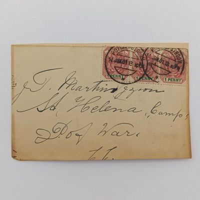 Boer War POW fronts stuck back to back one side posted Potchefstroom, ZAR 11 Jun 1901 to JT Martin & Zoon St Helena Camp POW other side posted Potchefstroom 13 Feb 1901 to Danie Brink, POW Deadwood