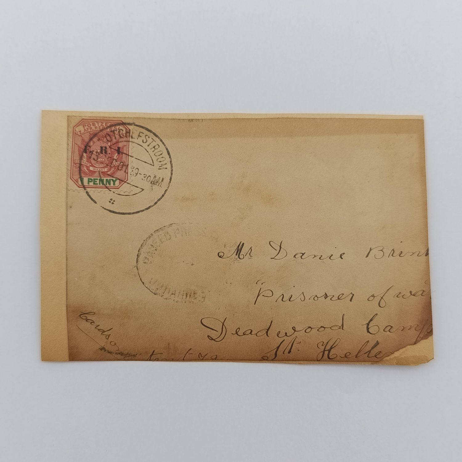 Boer War POW fronts stuck back to back one side posted Potchefstroom, ZAR 11 Jun 1901 to JT Martin &amp; Zoon St Helena Camp POW other side posted Potchefstroom 13 Feb 1901 to Danie Brink, POW Deadwood