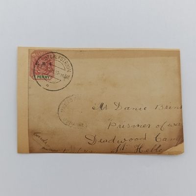 Boer War POW fronts stuck back to back one side posted Potchefstroom, ZAR 11 Jun 1901 to JT Martin &amp; Zoon St Helena Camp POW other side posted Potchefstroom 13 Feb 1901 to Danie Brink, POW Deadwood