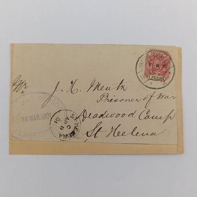 Boer War POW fronts stuck back to back one side posted Johannesburg, ZAR 18 March 1901 to JA Meuk, POW Deadwood Camp, St Helena - received 11 April 1901 St Helena and CC Newlands, Capt Censor mark