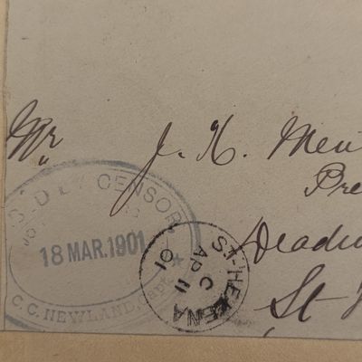 Boer War POW fronts stuck back to back one side posted Johannesburg, ZAR 18 March 1901 to JA Meuk, POW Deadwood Camp, St Helena - received 11 April 1901 St Helena and CC Newlands, Capt Censor mark