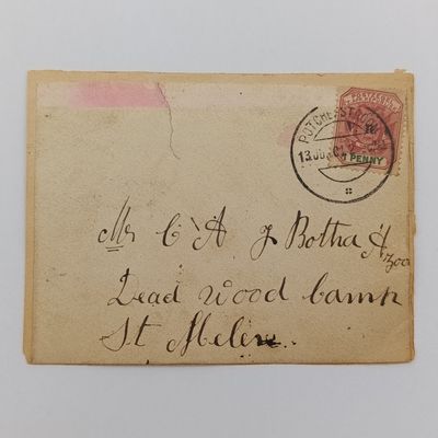 Boer War POW fronts stuck back to back one side from Potchefstroom 19 Aug 1901 to CJ Holthausen Deadwood Camp POW St Helena with passed press censor mark other side from Potchefstroom 13 Jun 1901
