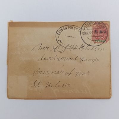 Boer War POW fronts stuck back to back one side from Potchefstroom 19 Aug 1901 to CJ Holthausen Deadwood Camp POW St Helena with passed press censor mark other side from Potchefstroom 13 Jun 1901