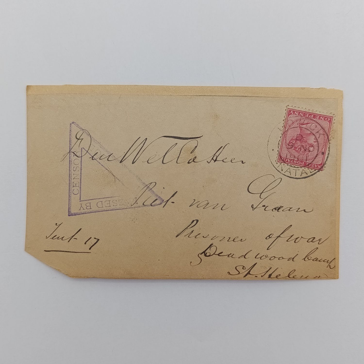 Pair of Boer War POW fronts stuck back to back one side posted at Havant, England on 18 Jan 1901 to Dirk G Barry POW Deadwood camp, St Helena with round double rim censor mark other side posted in Haw