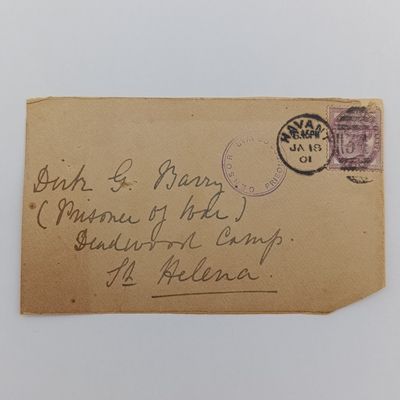 Pair of Boer War POW fronts stuck back to back one side posted at Havant, England on 18 Jan 1901 to Dirk G Barry POW Deadwood camp, St Helena with round double rim censor mark other side posted in Haw