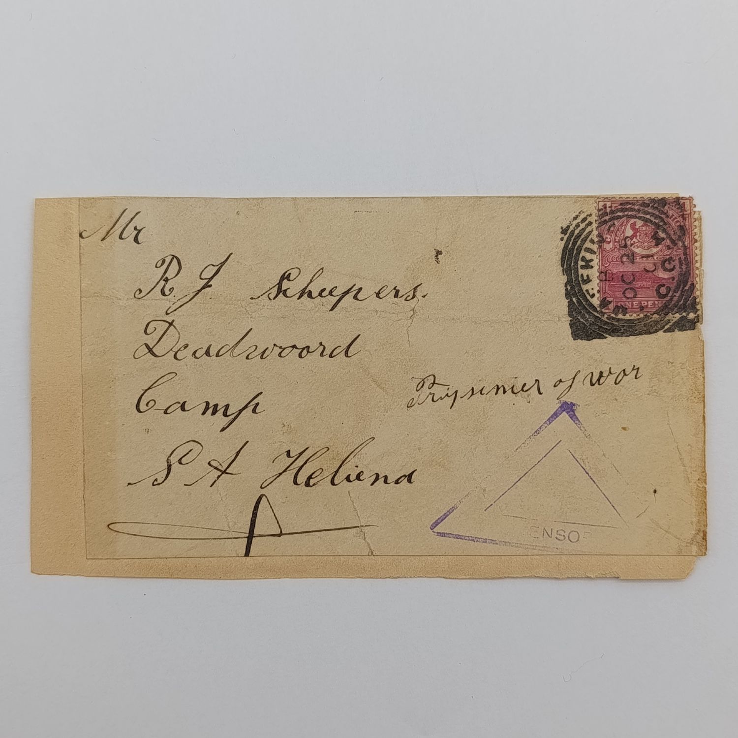 Boer War POW fronts stuck back to back One side from Mafeking COGH to RJ Scheepers Deadwood Camp, St Helena with triangular censor mark 25 October 1901 other side from Greenpoint COGH to Daniel Coetze