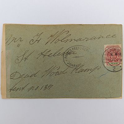 Boer War fronts stuck back to back One side from Johannesburg, ZAR 24 July 1901 to F Wolmarance, St Helena, Deadwood Camp, Tent no 139 with Johannesburg passed press censor rubber stamp