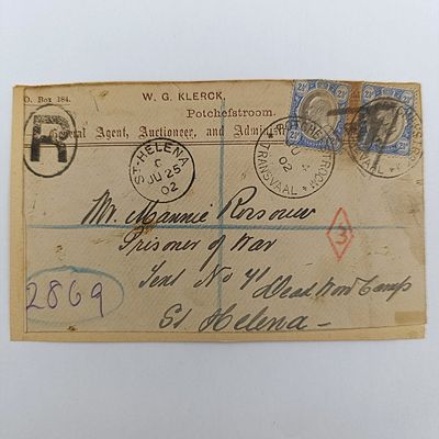 Boer War fronts stuck back to back One side from Johannesburg, ZAR 24 July 1901 to F Wolmarance, St Helena, Deadwood Camp, Tent no 139 with Johannesburg passed press censor rubber stamp