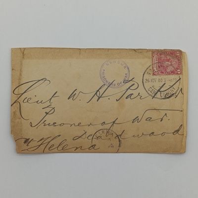 Boer War POW fronts stuck back to back one side to Lieut. WH Parker POW Deadwood camp St Helena posted 26 Nov 1900 in the Cape Colony with round POW sensor mark other side from Greyton Natal to Adjuda