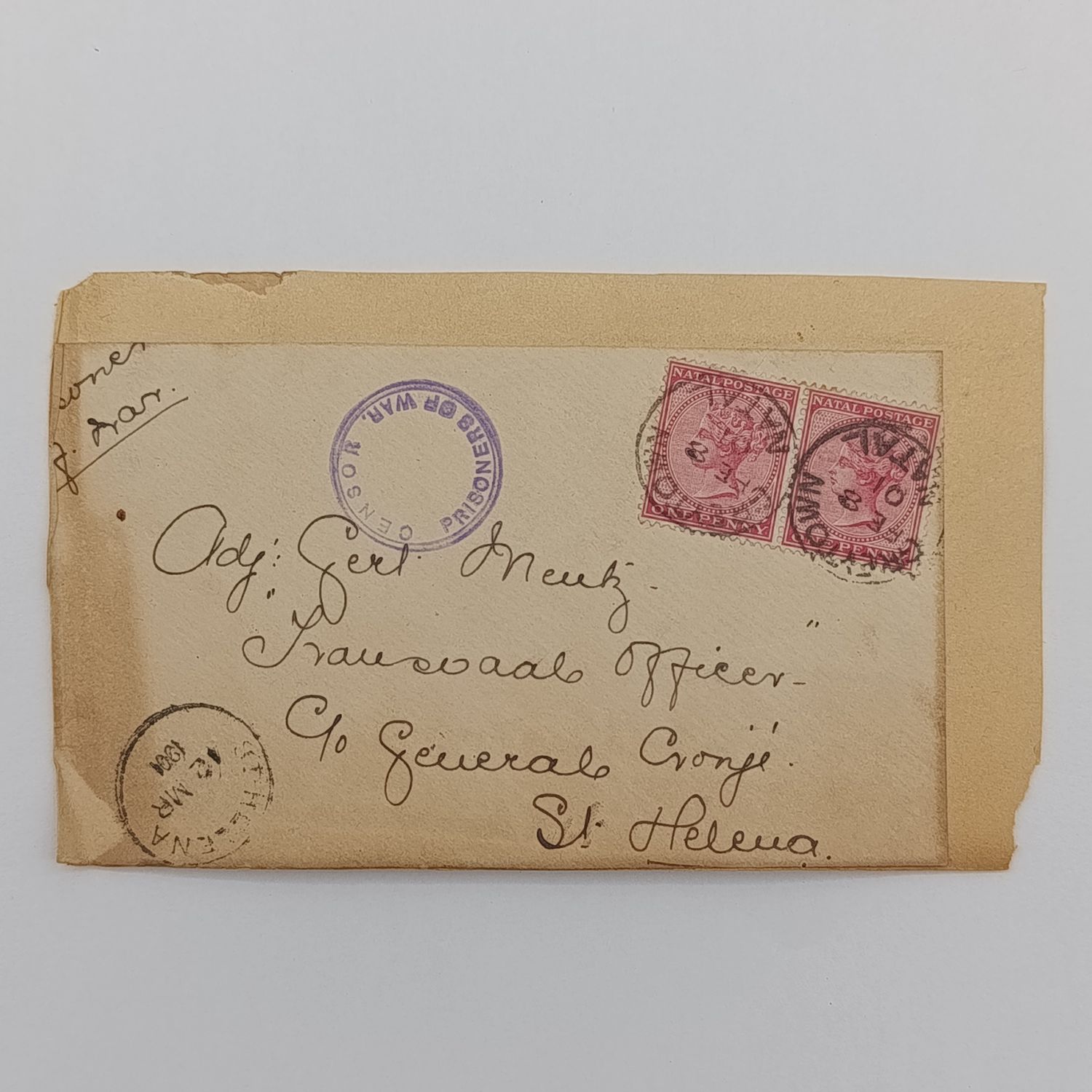 Boer War POW fronts stuck back to back one side to Lieut. WH Parker POW Deadwood camp St Helena posted 26 Nov 1900 in the Cape Colony with round POW sensor mark other side from Greyton Natal to Adjuda