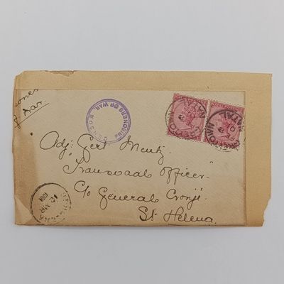Boer War POW fronts stuck back to back one side to Lieut. WH Parker POW Deadwood camp St Helena posted 26 Nov 1900 in the Cape Colony with round POW sensor mark other side from Greyton Natal to Adjuda