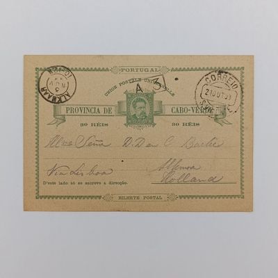 Cape Verde island unused poscard with 10 Reis prepaid postage - light center fold - late 1800&#39;s