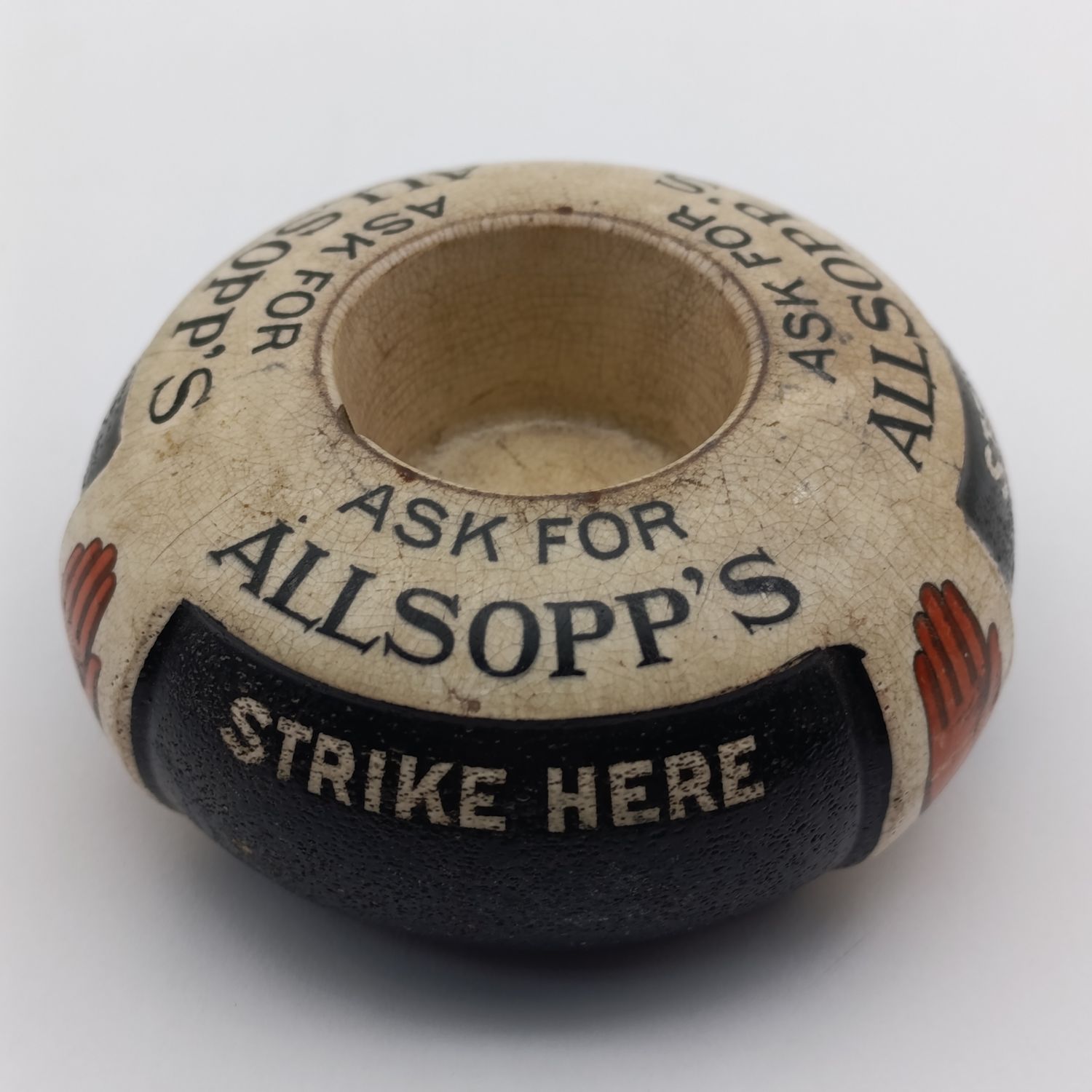Antique Allsopp&#39;s Beer advertising ceramic match striker