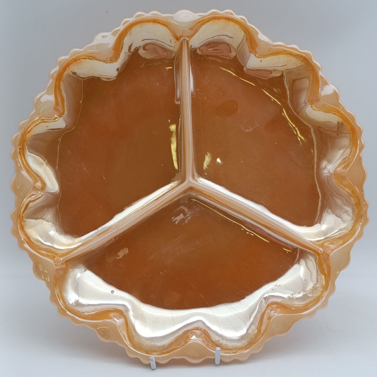 Vintage Anchor Hocking Peach lustre 3 division glass serving plate