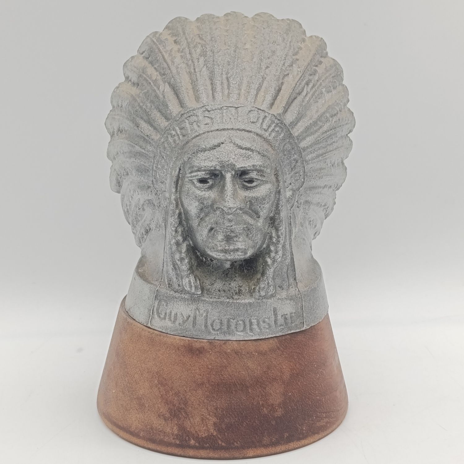 Vintage Guy Motors Ltd Indian Head hood mascot on wooden base