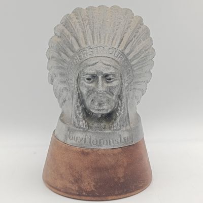Vintage Guy Motors Ltd Indian Head hood mascot on wooden base
