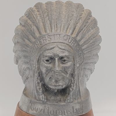 Vintage Guy Motors Ltd Indian Head hood mascot on wooden base