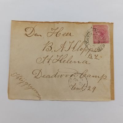 Boer War POW fronts stuck back to back One side posted Durban Natal 20 June 1902 and received St Helena 25 June 1902 - Posted to BA Kloppers, Deadwood Camp Tent 29, St Helena other side posted Norvals