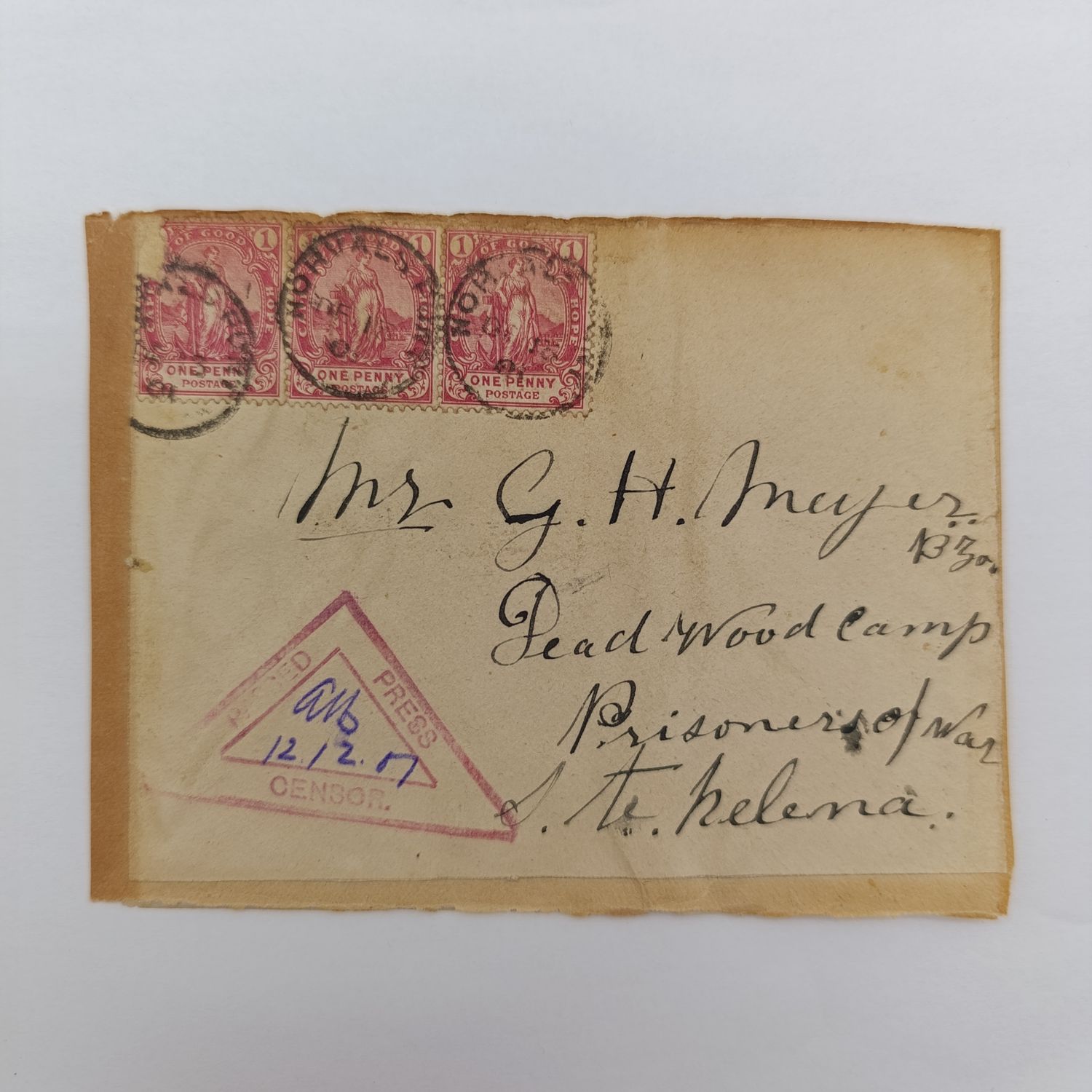 Boer War POW fronts stuck back to back One side posted Colenso, Natal 8 March 1902 to SA Collins, St Helena, Deadwood Camp with Burgher Camp triangular Censor mark mourning cover other side posted 2 M
