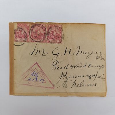 Boer War POW fronts stuck back to back One side posted Colenso, Natal 8 March 1902 to SA Collins, St Helena, Deadwood Camp with Burgher Camp triangular Censor mark mourning cover other side posted 2 M