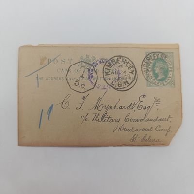 Boer War POW fronts stuck back to back one side posted Kimberley 24 Aug 1900 on card with pre printed halfpenny postage Taxed 5 centimes at arrival - Double rim censor mark - posted to CF Mynhardt c/o