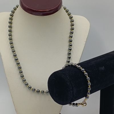 Hematite &amp; small gold color metal beads necklace and bracelet set 43cm &amp; 19cm