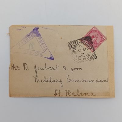 Boer War POW fronts stuck back to back One side posted Graaff-Reinet, 31 Oct 1901 to D Joubert &amp; Zoon, Military Commandant, St Helena with passed Press Censor triangle.  Other side posted Stamford