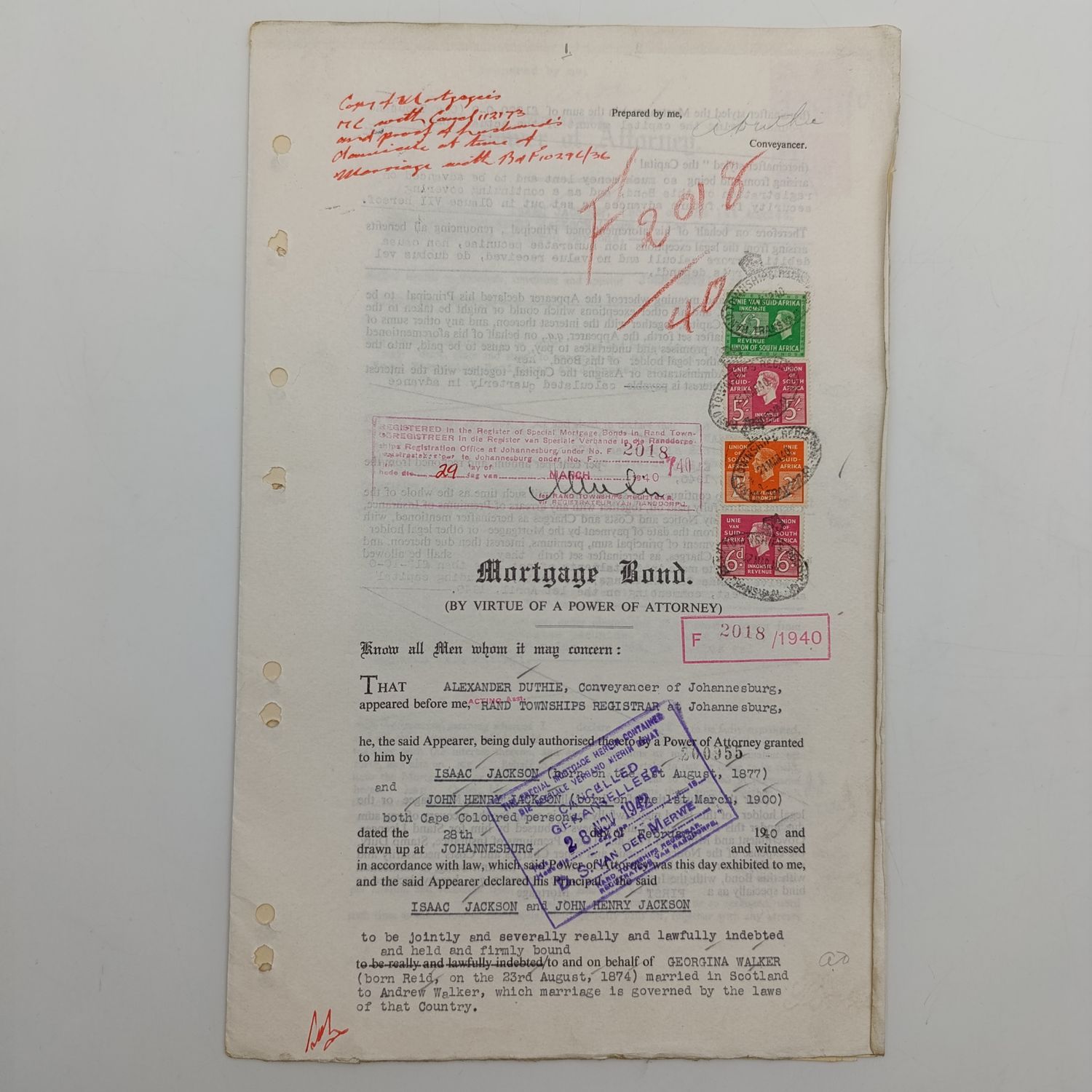 Mortgage Bond Power of Attorny and Affidavits with 8 revenue stamps - Bond dated 1940